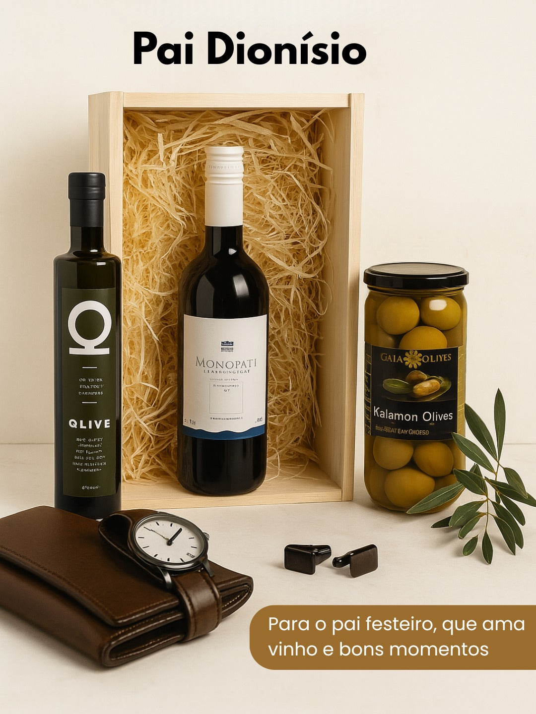 Pai Dionísio – Kit Vinho Monopati, Azeite Premium e Azeitonas Halkidiki