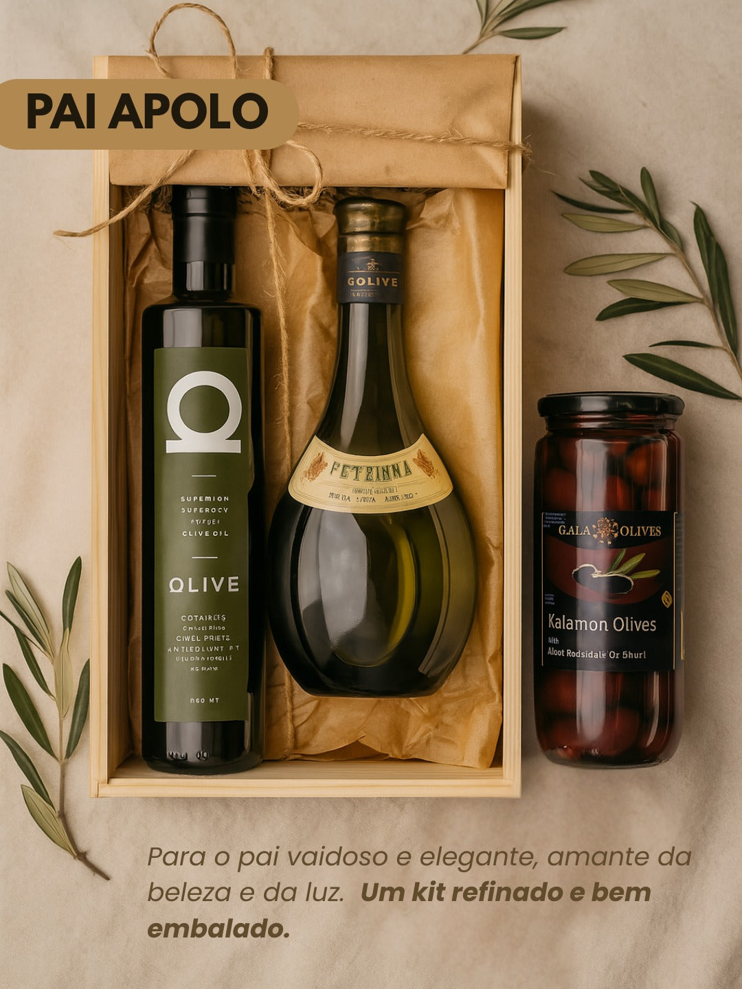 Pai Apolo - kit Vinho Retsina, Azeite Koroneiki e Azeitonas Kalamata