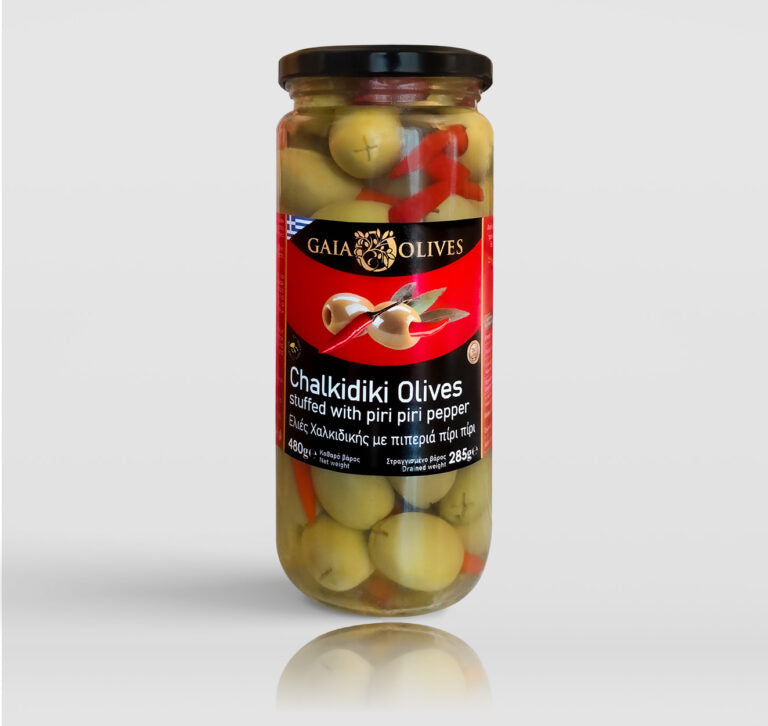 Aceitunas verdes Halkidiki rellenas de piri-piri en tarro de 480 g/285 g